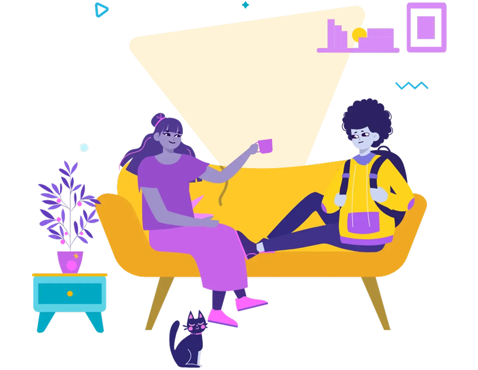 Two people having a conversation sat on a sofa